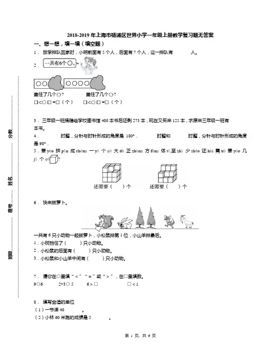 2018-2019年上海市杨浦区世界小学一年级上册数学复习题无答案