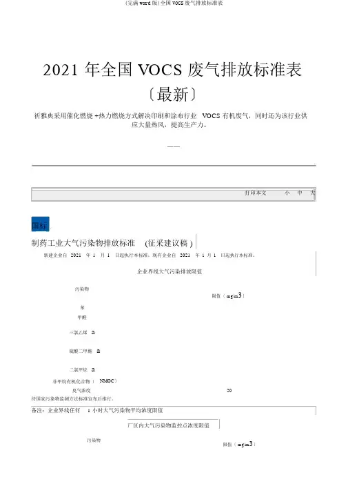 (完整word版)全国VOCS废气排放标准表