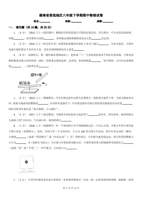 湖南省娄底地区八年级下学期期中物理试卷 