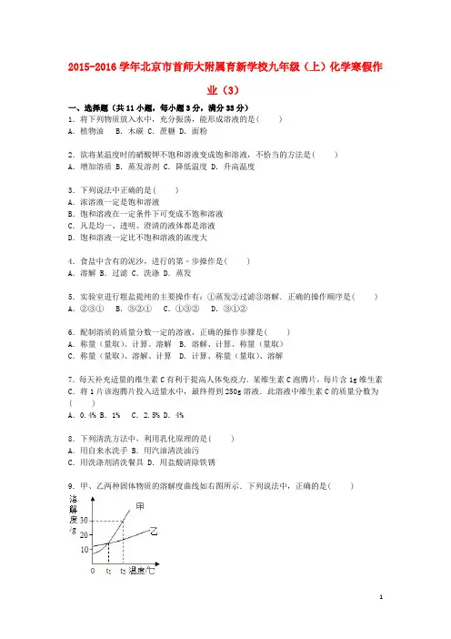 北京市首师大附属育新学校2016届九年级化学上学期寒假作业(3)(含解析) 新人教版