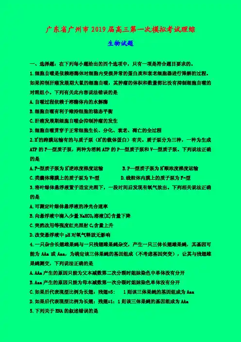2019-2020年广州一模：广东省广州市2019届高三第一次模拟考试理综生物试题-附答案精品
