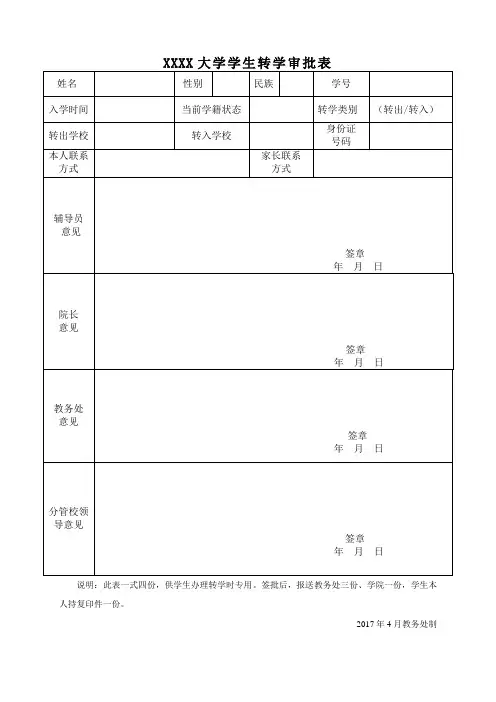 大学学生转学审批表