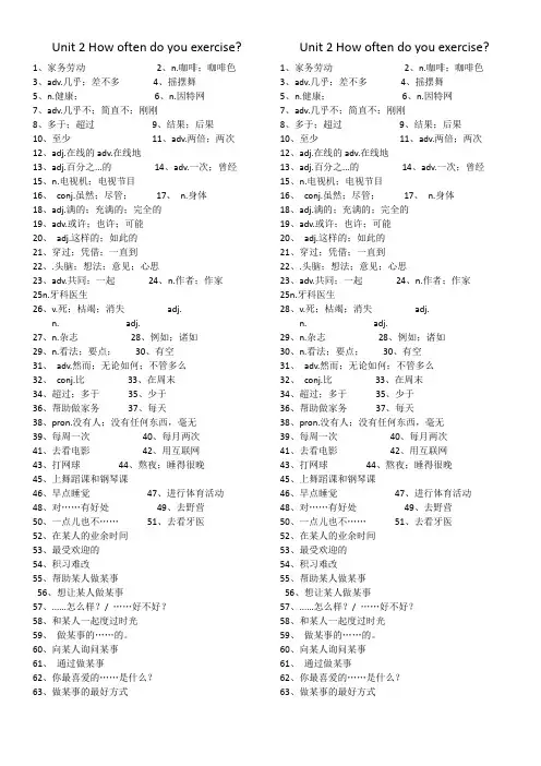 Unit 2 How often do you exercise单词和短语