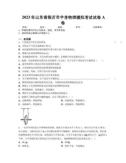 2023年山东省临沂市中考物理模拟考试试卷A卷及解析