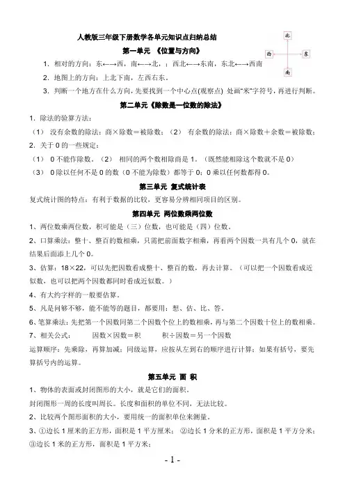 精简打印版三年级下册数学知识点公式归纳精选