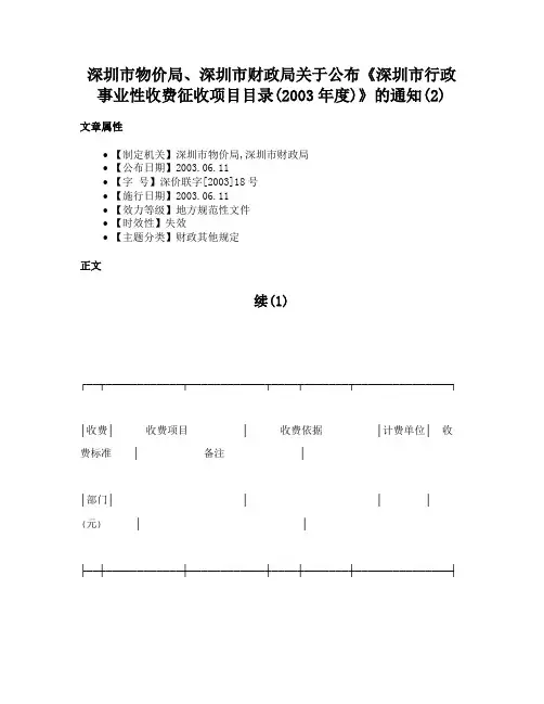 深圳市物价局、深圳市财政局关于公布《深圳市行政事业性收费征收项目目录(2003年度)》的通知(2)
