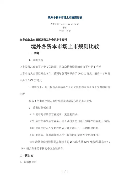 境外各资本市场上市规则比较