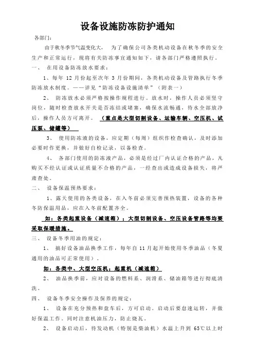 冬季设备设施防冻防护通知xg(2019