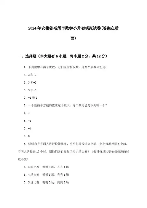 安徽省亳州市数学小升初试卷及答案指导(2024年)