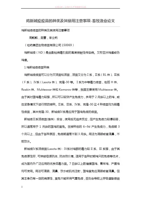 鸡新城疫疫苗的种类及其使用注意事项-畜牧渔业论文