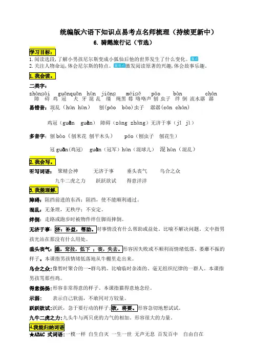 部编版小学六年级语文下册6.《骑鹅旅行记(节选)》知识点易考点名师归纳总结