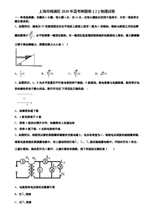 〖附16套高考模拟卷〗上海市杨浦区2020年高考押题卷(2)物理试卷含解析