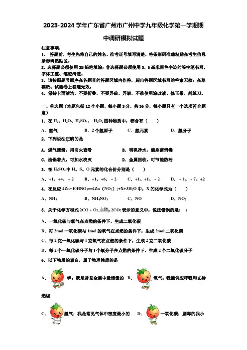 2023-2024学年广东省广州市广州中学九年级化学第一学期期中调研模拟试题含解析