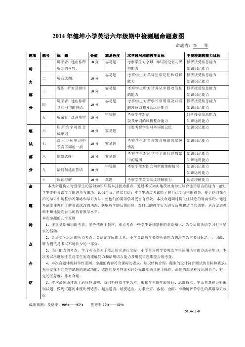(完整版)小学英语六年级命题意图