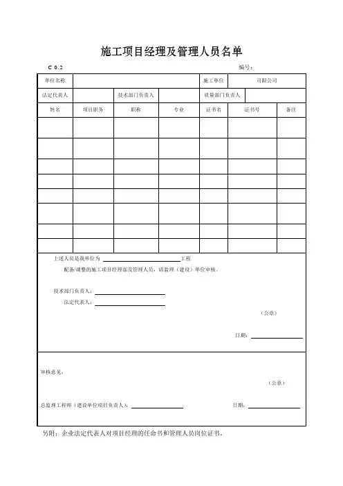 工程项目管理机构及管理人员名单