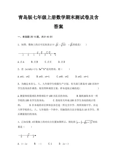 青岛版七年级上册数学期末测试卷及含答案(名师推荐)(完美版)