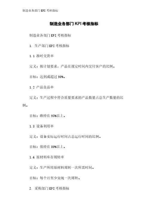 制造业各部门KPI考核指标