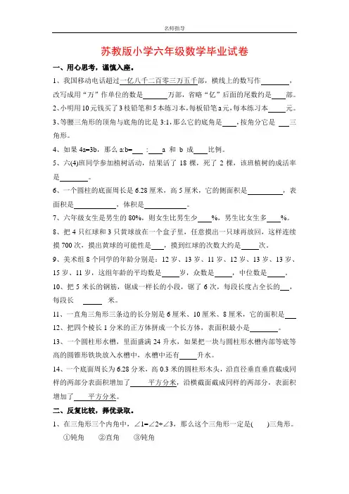 【小升初数学毕业考试】2020年苏教版小学数学毕业班模拟试卷及答案.doc
