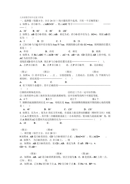 九年级数学初中总复习答案