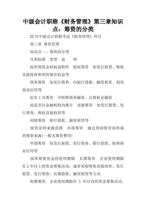 中级会计职称《财务管理》第三章知识点：筹资的分类