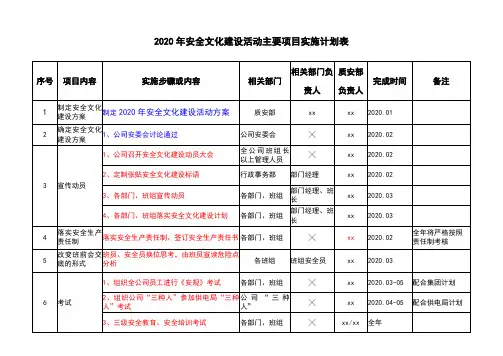 2020年安全文化建设活动主要项目实施计划表-安全标准文化-培训教育