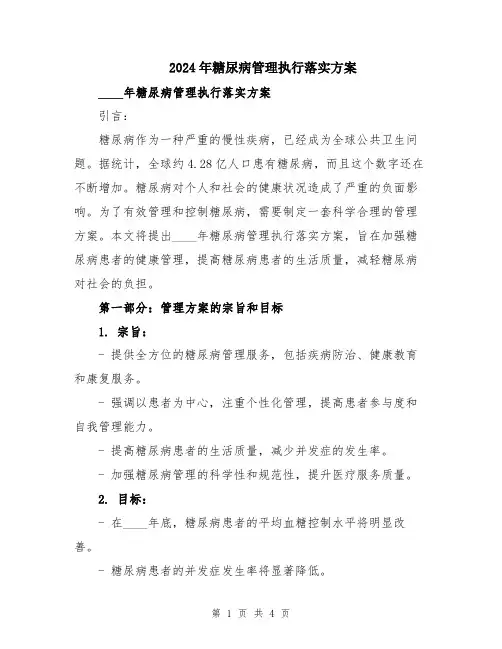 2024年糖尿病管理执行落实方案