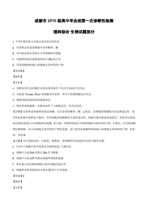 四川省成都市2019届高三上学期第一次诊断性检测生物试题 (含解析)