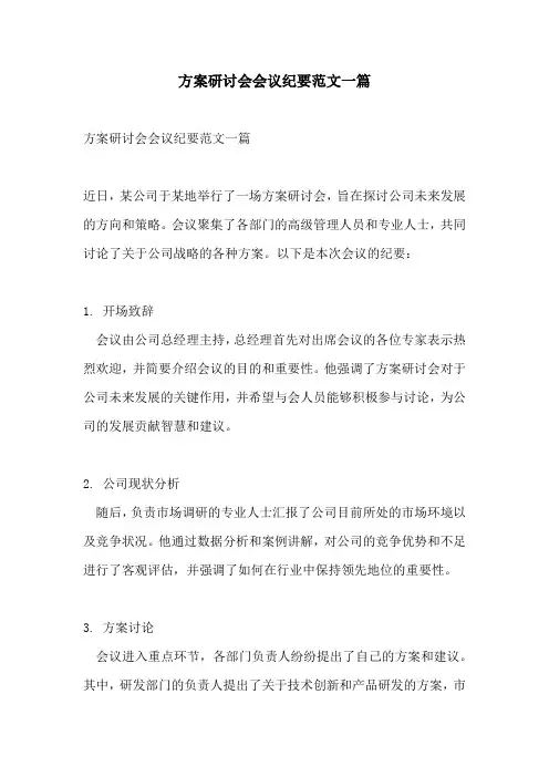 方案研讨会会议纪要范文一篇