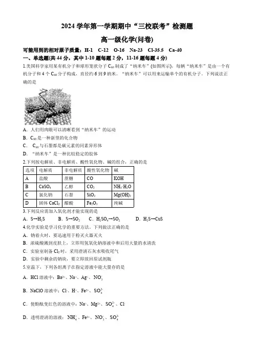 广东广州市培正中学、第三中学、第四中学2024-2025学年高一上学期期中三校联考化学试题(无答案)