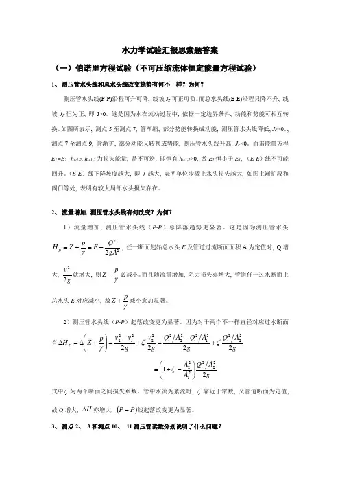 2021年水力学实验报告思考题答案新编