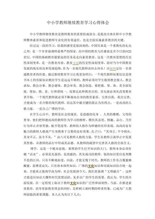 中小学教师继续教育学习心得体会