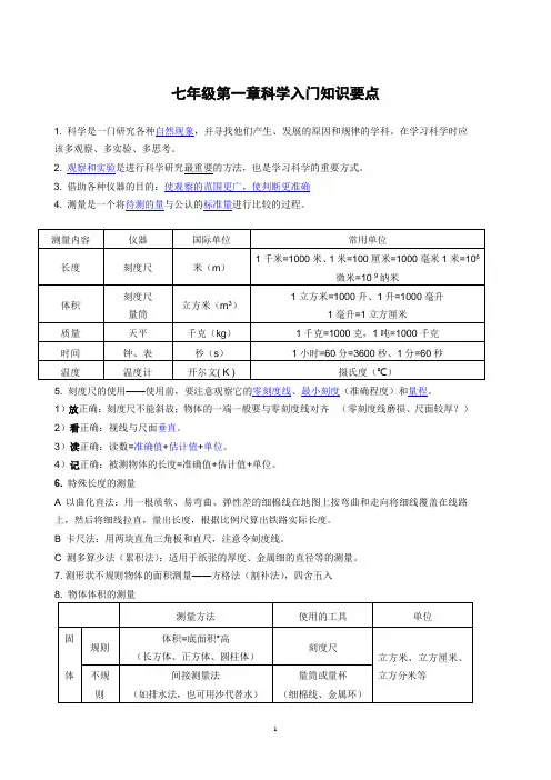 浙教新版七年级上科学知识点总结