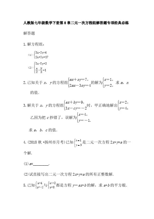 人教版七年级数学下册第8章二元一次方程组解答题专项经典必练(无答案)