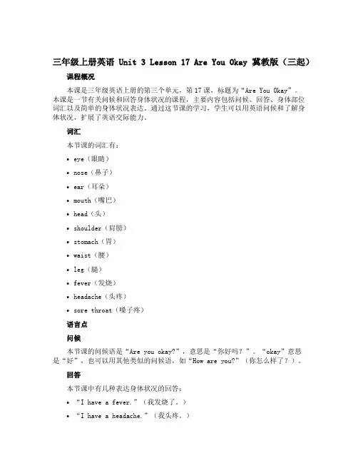 三年级上册英语Unit 3 Lesson 17 Are You Okay 冀教版三起