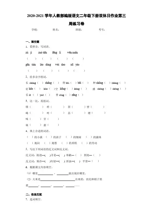 2020-2021学年人教部编版语文二年级下册双休日作业第三周练习卷