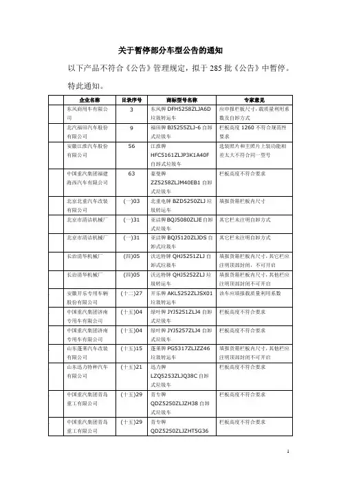 关于暂停部分车型公告的通知