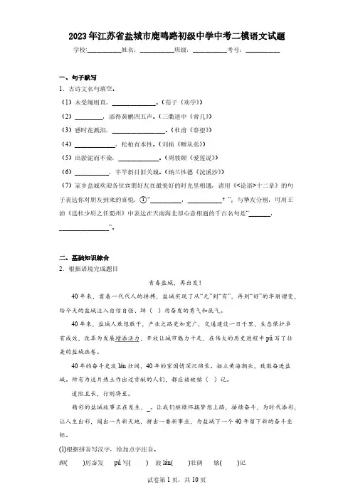 2023年江苏省盐城市鹿鸣路初级中学中考二模语文试题(含答案)