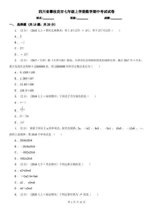 四川省攀枝花市七年级上学期数学期中考试试卷