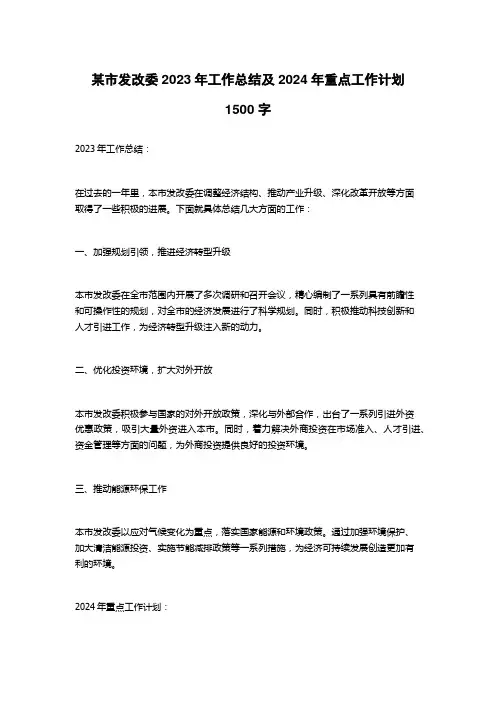 某市发改委2023年工作总结及2024年重点工作计划