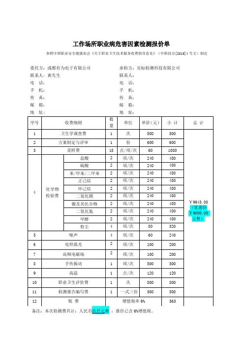 工作场所职业病危害因素检测报价单