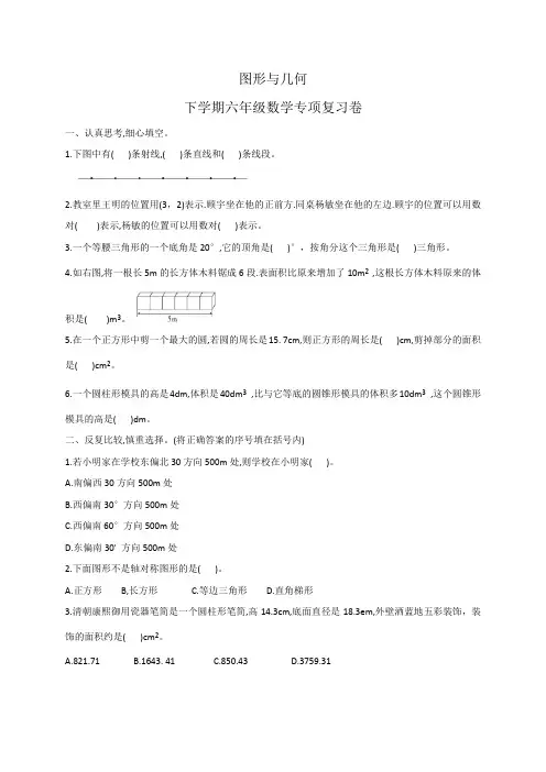六年级下册数学期末专项练习-图形与几何 北师大版(含答案)