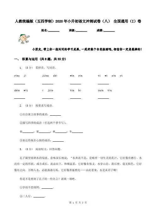 人教统编版(五四学制)2020年小升初语文冲刺试卷(八) 全国通用(I)卷