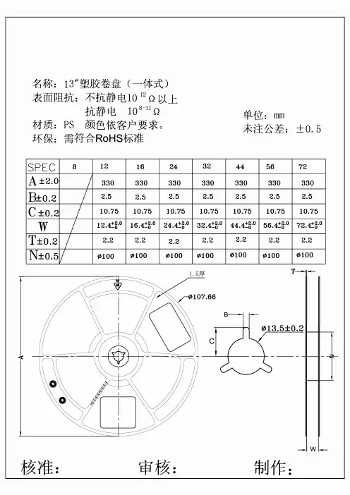 塑胶包装卷盘规格书