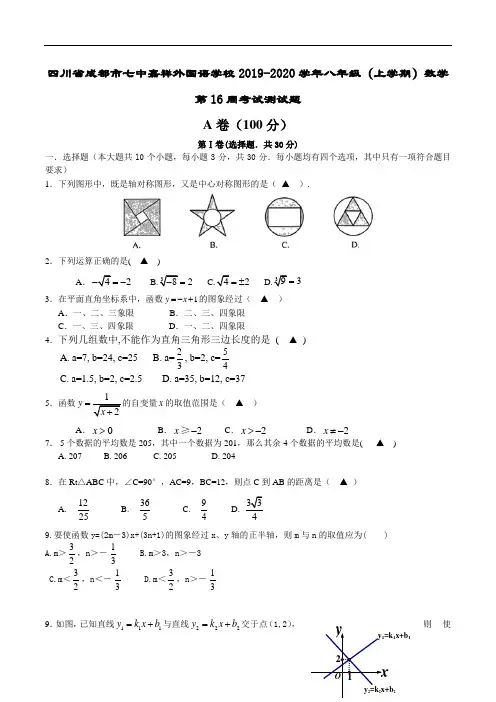 四川省成都市七中嘉祥外国语学校2019-2020学年八年级(上学期)数学第16周考试测试题