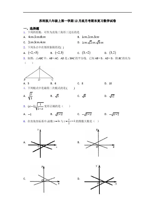 苏科版八年级上第一学期12月底月考期末复习数学试卷