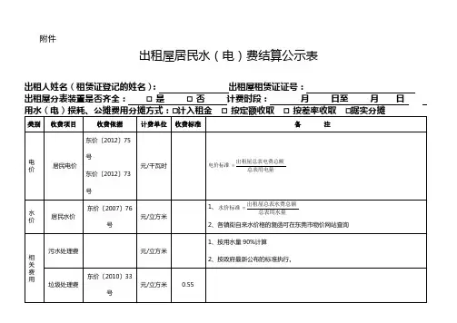 出租屋居民水(电)费结算公示表