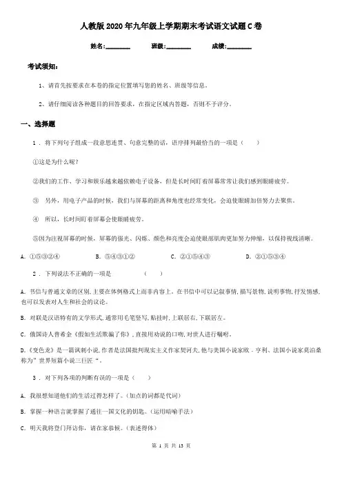 人教版2020年九年级上学期期末考试语文试题C卷