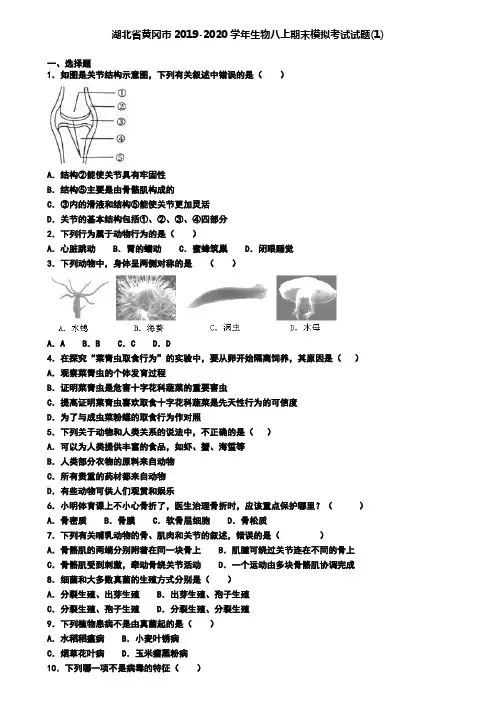 湖北省黄冈市2019-2020学年生物八上期末模拟考试试题(1)