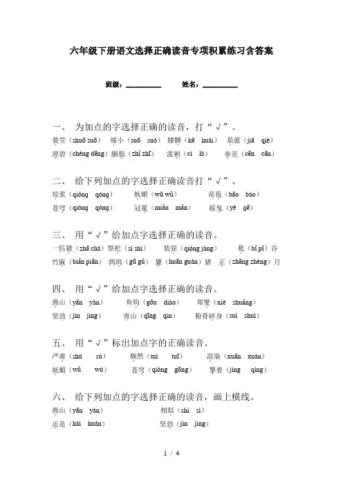 六年级下册语文选择正确读音专项积累练习含答案