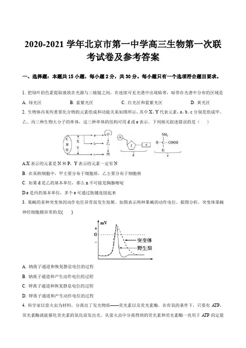2020-2021学年北京市第一中学高三生物第一次联考试卷及参考答案